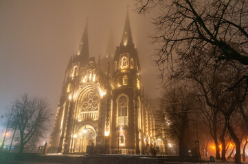 Church of Sts. Olha and Elizabeth, Lviv, Ukraine seen in a fog.
