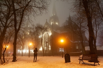 Church of Sts. Olha and Elizabeth, Lviv, Ukraine seen in a fog.