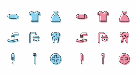 Set line Sanitary tampon, Toothbrush, Medical protective mask, Cross hospital medical, Shower head, Broken tooth, Washing hands with soap and T-shirt icon. Vector