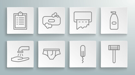 Set line Washing hands with soap, Bar of, Underwear, Sanitary tampon, Shaving razor, Paper towel dispenser wall, Bottle liquid antibacterial and Clipboard checklist icon. Vector