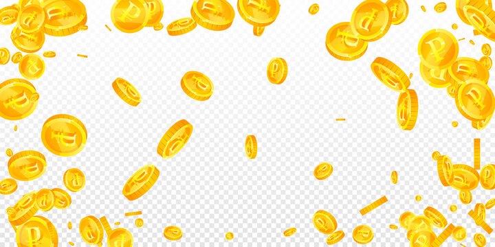 Russian ruble coins falling. Lovely scattered RUB coins. Russia money. Exotic jackpot, wealth or success concept. Vector illustration.