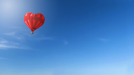 Red hot air balloon in the shape of a heart. Aerial drone wide view. Concept for st. Valentines day 14 of February. Copy space for your text