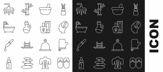 Set line Flip flops, Sauna mittens, Yin Yang, Mortar and pestle, Essential oil bottle, Bathtub, Shower head and Ointment cream tube icon. Vector