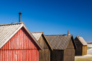 Sweden, Faro Island, Kursviken, coastal farmers fishing shacks