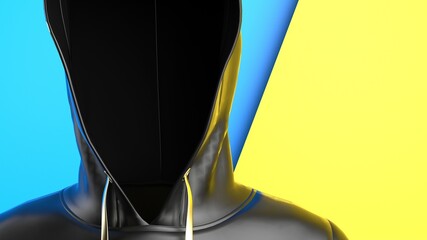 Anonymous hacker with black color hoodie in shadow under blue-yellow background. Dangerous criminal concept image. 3D CG. 3D illustration. 3D high quality rendering.