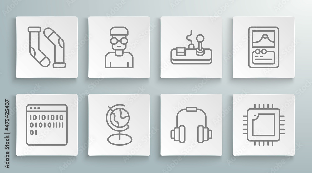 Poster set line binary code, nerd geek, earth globe, headphones, processor with cpu, gamepad, card game and