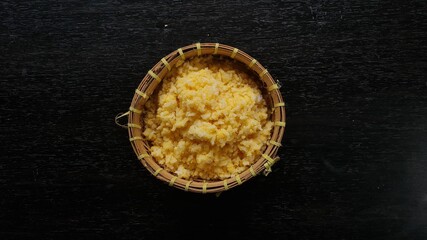 known by the name of corn rice (nasi jagung) which is a typical food of East Java Indonesia which consists of corn, ointment, salted fish, and mendol
