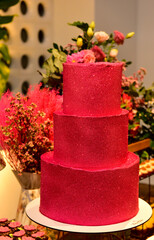 pink two tier birthday cake, pink cake 3 tiers, pink cake with glitter, pink cake, birthday cake, layered cake, birthday table setting, party table setting, table setting