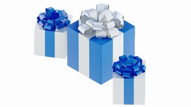 Rectangular blue gift box with metallic white ribbon Scotland in 3D view image