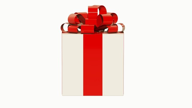 Rectangular white gift box with metallic red ribbon in 3D view image