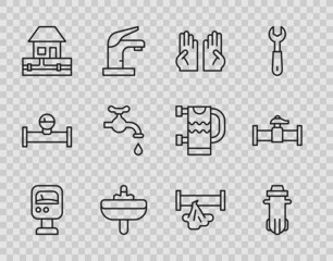 Set line Pressure water meter, Water filter, Rubber gloves, Washbasin, supply pipes, tap, Broken and Industry and valve icon. Vector