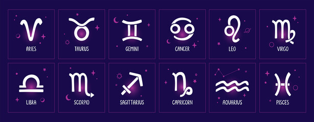Set of cards, banners or stickers with zodiac symbols. Astrological highlight story covers for social media. Bright, magical vector hand drawn illustration