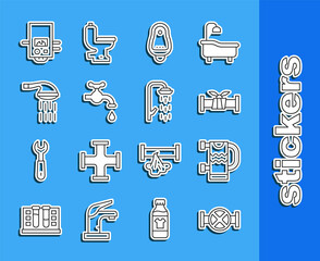 Set line Industry pipe and valve, Heated towel rail, metallic, Toilet urinal or pissoir, Water tap, Shower, Gas boiler and icon. Vector