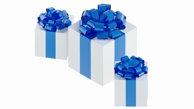Rectangular white gift box with metallic blue ribbon Finland in 3D view image