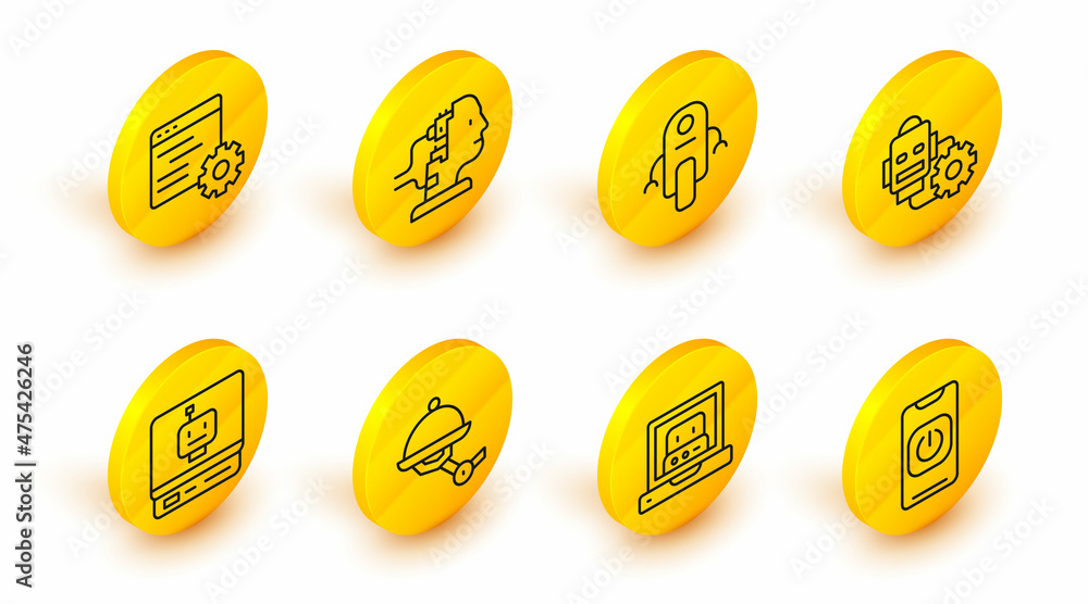 Poster set line turn off robot from phone, creating, waiter, robot, setting, for maintenance and computer a