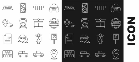 Set line Location with taxi, Airport, Taxi car roof, High-speed train, and Cable icon. Vector