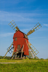 Sweden, Oland Island, Storlinge, antique wooden windmills