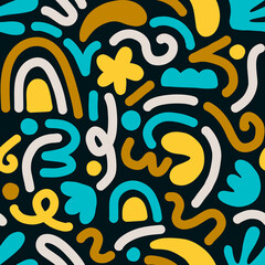 Contemporary art collage with multicolor abstract shapes. Vector seamless pattern with Scandinavian cut out elements.