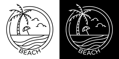Simple beach logo with lines, available in black and white, coconut tree, sea, sun