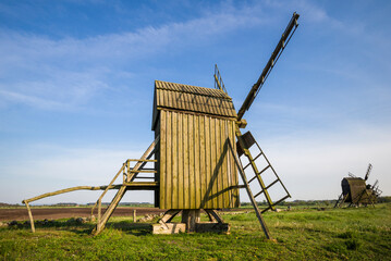 Sweden, Oland Island, Lerkaka, antique wooden windmills