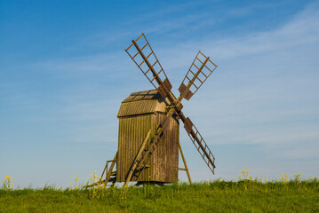Fototapeta na wymiar Sweden, Oland Island, Lerkaka, antique wooden windmills