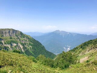 Beautiful view from the peak of Caucasus mountains. Roza Khutor, Russia