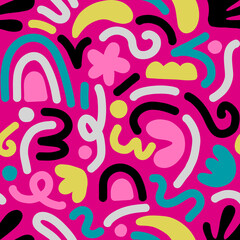 Obraz premium Contemporary art collage with multicolor abstract shapes. Vector seamless pattern with Scandinavian cut out elements.