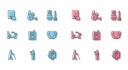 Set line Blind human holding stick, Human broken arm, Braille, Smart watch, Press the SOS button, Adult diaper, Electric wheelchair and icon. Vector