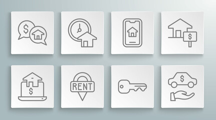 Set line Online real estate, Time is money, Location key, House, Car rental, with dollar and Price negotiation icon. Vector