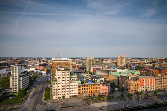 Sweden, Scania, Malmo, Inre Hamnen inner harbor, elevated skyline view