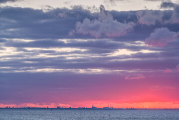 Sweden, Scania, Malmo, Oresund Sound, sunset over Denmark