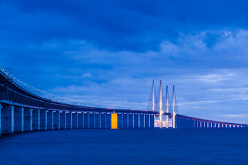Sweden, Scania, Malmo, Oresund Bridge, longest cable-tied bridge in Europe, linking Sweden and Denmark, dusk