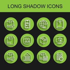 Set line Carton cardboard box, Warehouse, ackage with check mark, Cardboard calendar, This side up, Location and icon. Vector