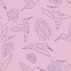 Doodle hummingbirds and leaves seamless pattern. Perfect for T-shirt, textile and print. Hand drawn vector illustration for decor and design.
