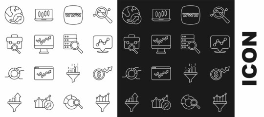 Set line Sales funnel with chart, Financial growth dollar, Graph infographic, Website template, Monitor, Work search, and Server icon. Vector