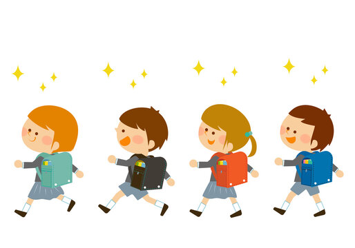 ランドセルを背負って笑顔で歩く日本の小学生の子供たち