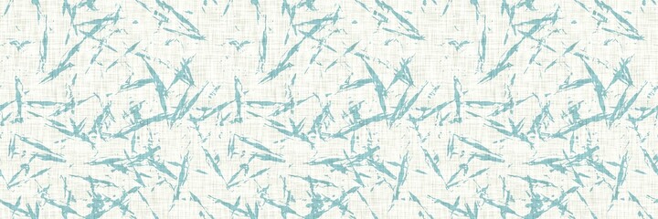 Aegean teal streaked border strip linen texture background. Coastal summer style home decor fabric effect. Sea green wash grunge edge material. Decorative textile mottle seamless pattern banner. 