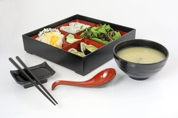 Bento Box with Miso Soup and Soy Sauce