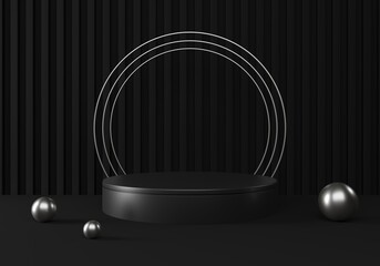 Black podium, pedestal or platform with silver elements. Advertising place scene.  3d Rendering