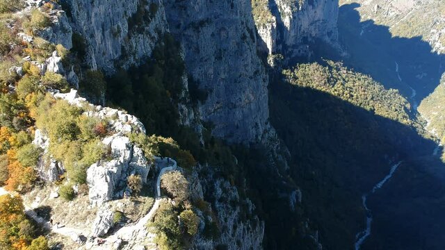 Aerial panoramic view of the impressive Vikos gorge in the Zagoria region at Pindus Mountains of northern Greece. It lies on the southern slopes of Mount Tymfi and it is the the deepest in Europe.