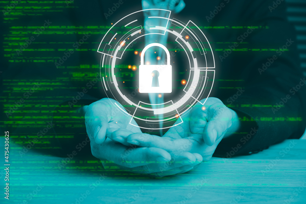Poster businesswoman hand holding key icon with padlock security interface to protect data, internet networ