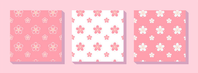 Three cute, beautiful, vector and flat patterns with pink cherry blossoms for spring, summer decoration