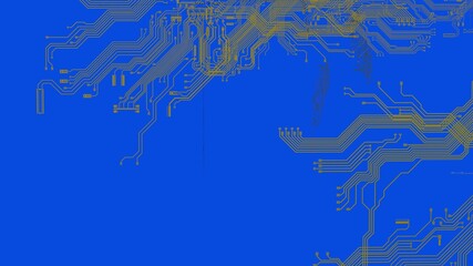 Circuit technology yellow line under blue background with hi-tech digital data connection system and computer electronic desing. 3D illustration. 3D CG. High quality rendering.