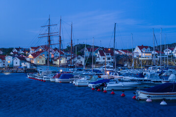 Sweden, Bohuslan, Tjorn Island, Skarhamn, town marina, dusk