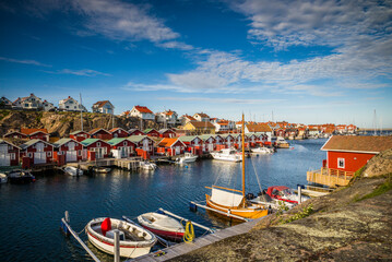 Sweden, Bohuslan, Smogen, Smogenbryggan, antique boat houses and fishing shacks