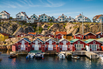 Sweden, Bohuslan, Smogen, Smogenbryggan, antique boat houses and fishing shacks