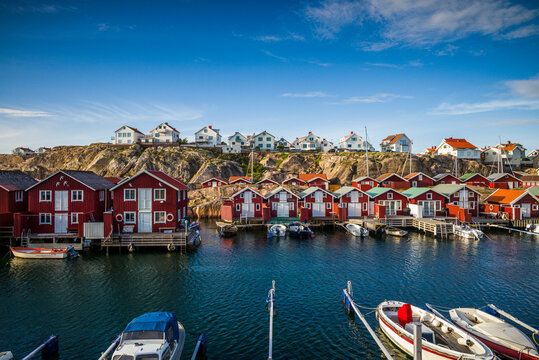 Sweden, Bohuslan, Smogen, Smogenbryggan, antique boat houses and fishing shacks