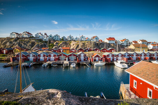 Sweden, Bohuslan, Smogen, Smogenbryggan, antique boat houses and fishing shacks