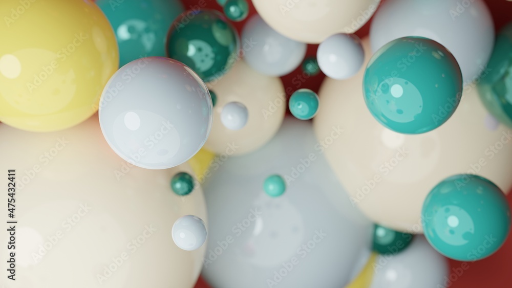 Poster floating suspended all colours balls in dark background.3d render glossy spheres.pastel colours pant