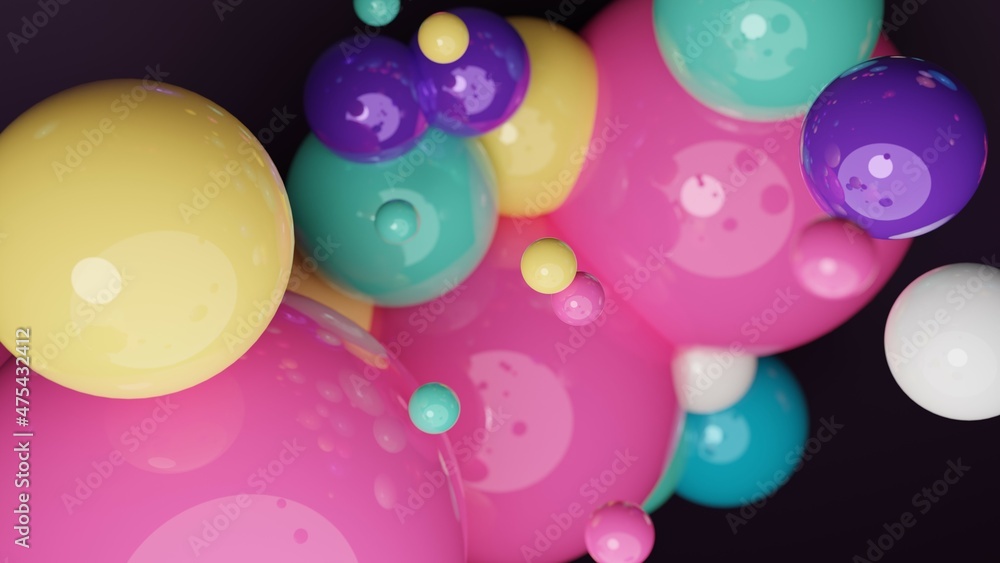Poster floating suspended all colours balls in dark background.3d render glossy spheres.pastel colours pant